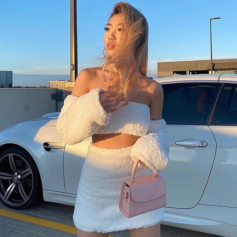 Autumn Winter Double Sided Plush Tank Top Hollow Out Cutout Cropped Skirt Set