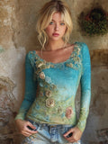 Boho Lace Floral Art Tapering Women's Slim Long Sleeve Top elevenforest