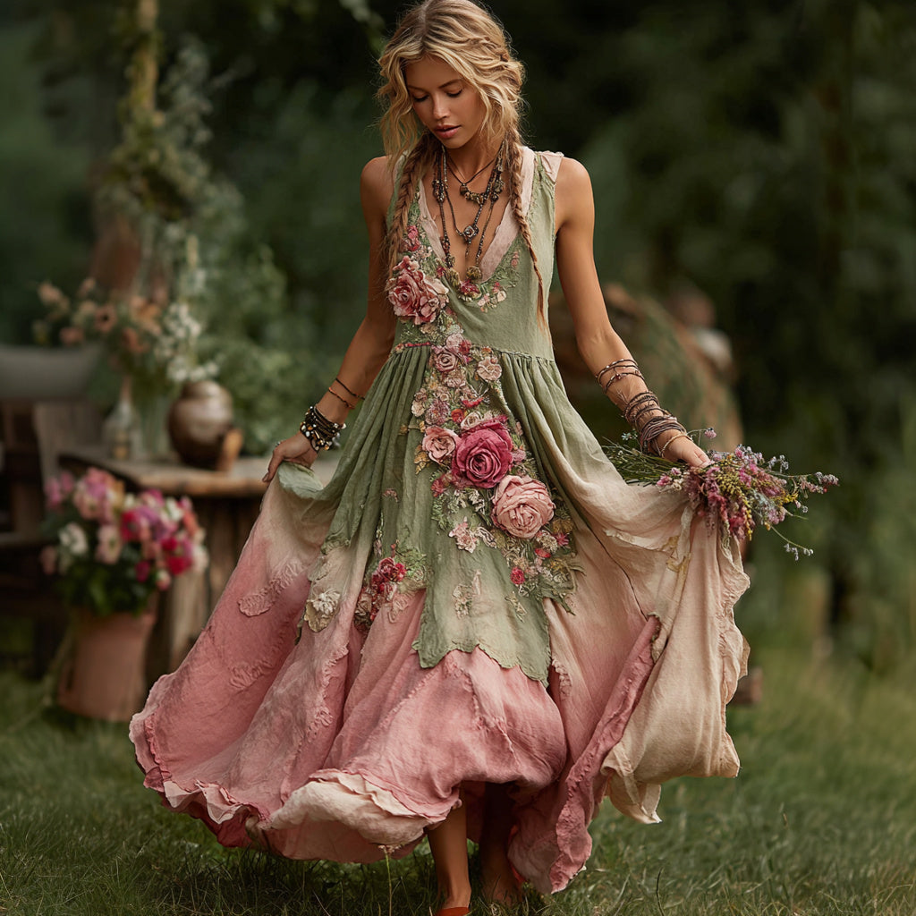 Vintage Floral Embroidered Art V Neck Linen Maxi Dress elevenforest