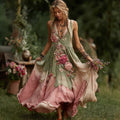 Vintage Floral Embroidered Art V Neck Linen Maxi Dress elevenforest