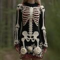 Comstylish Women's Vintage Halloween Skeleton Bones Rose Art Cozy Knit Mini Sweater Dress