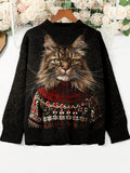 Comstylish Christmas Cat Pattern Cozy Knit Sweater