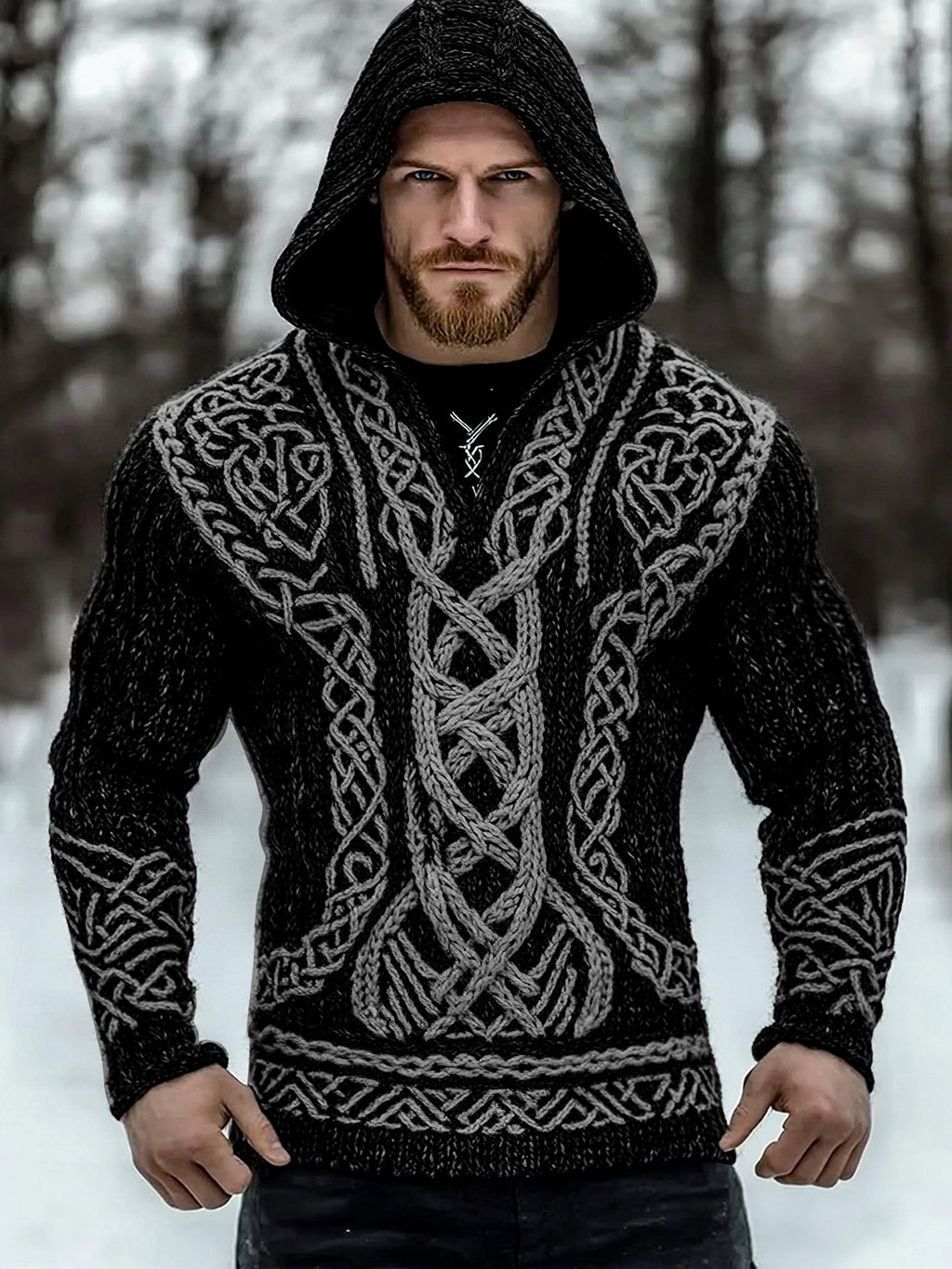 Men's Viking Tribal Jacquard Inspired Celtic Hooded Sweater elevenforest