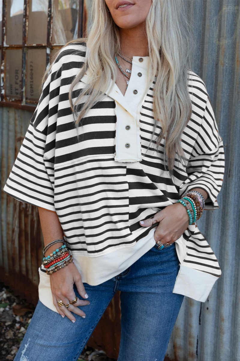 Stripe Buttons Patchwork Contrast O Neck T-shirts