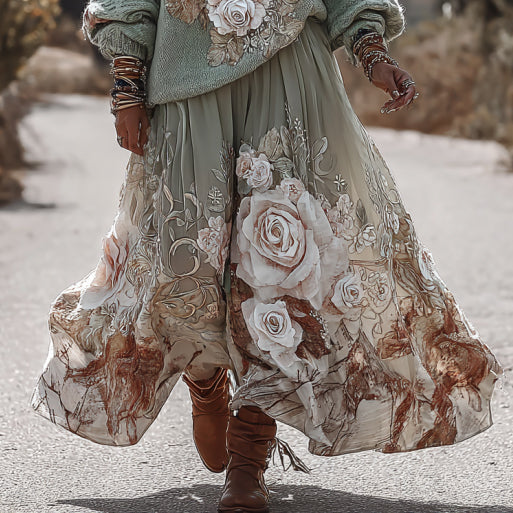 Classic Rose Art Cozy Knit Round Neck Sweater And Linen Skirt Two-piece Set elevenforest