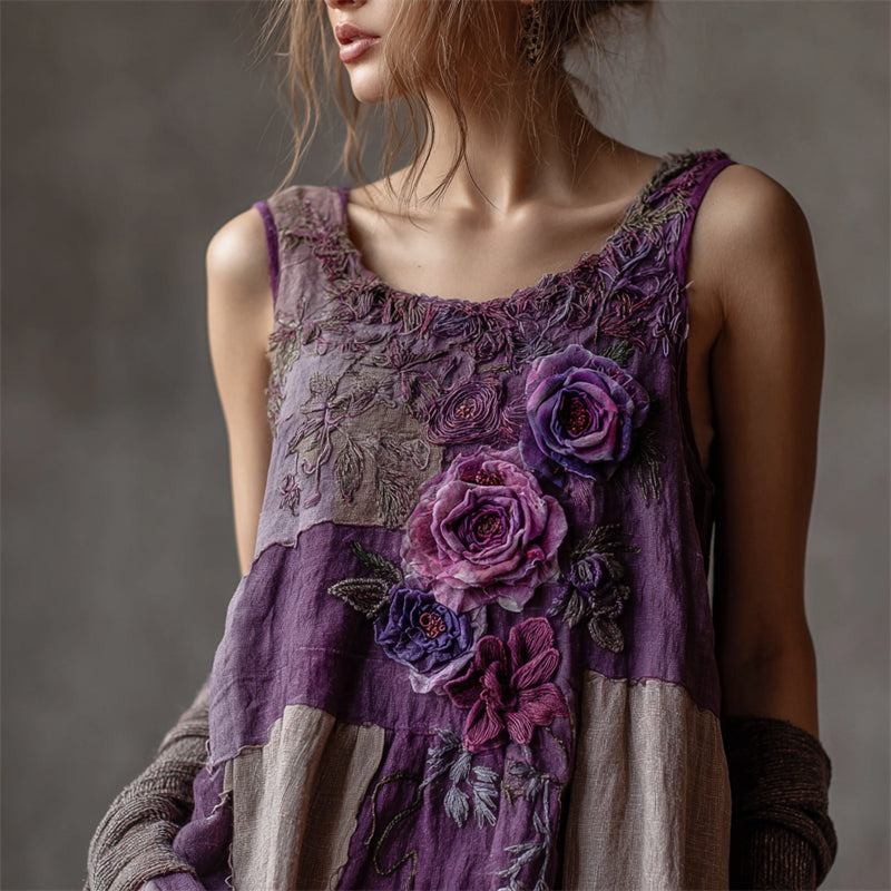 Vintage Purple Roses Boho Lace Patchwork Linen Tank Top elevenforest