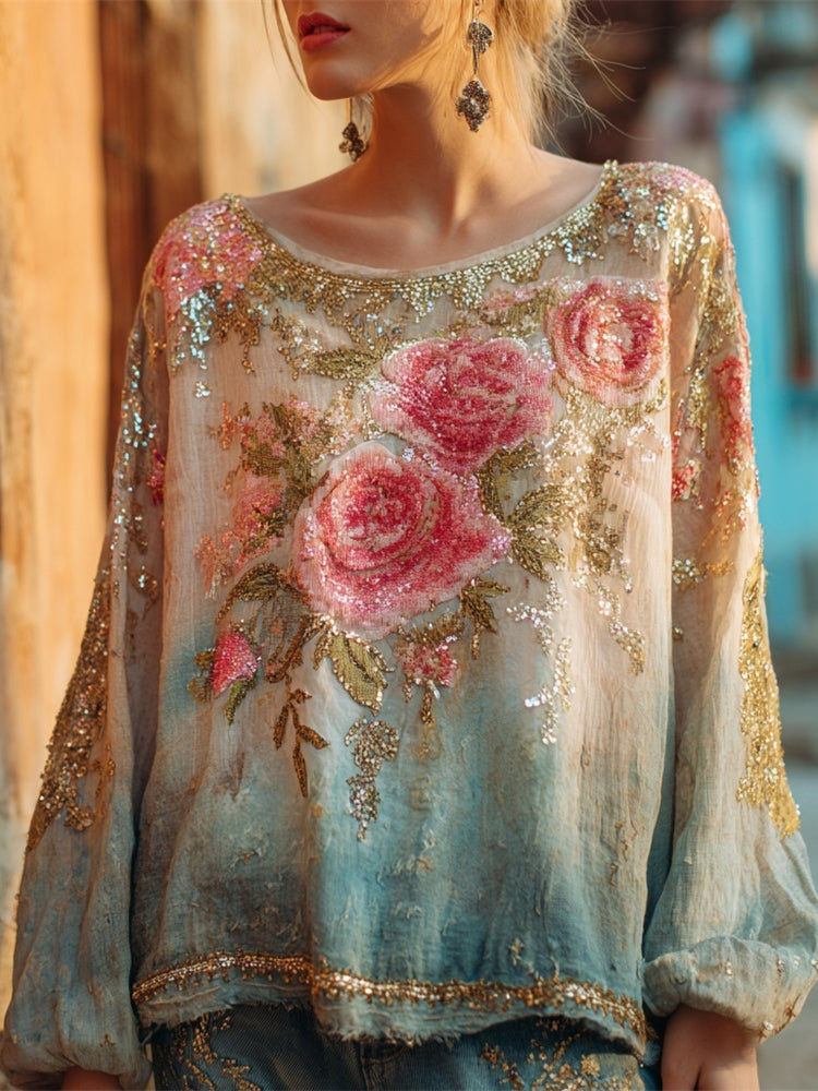 Boho Vintage Sequin Floral Embroidery Gradient Women's Linen Shirt elevenforest