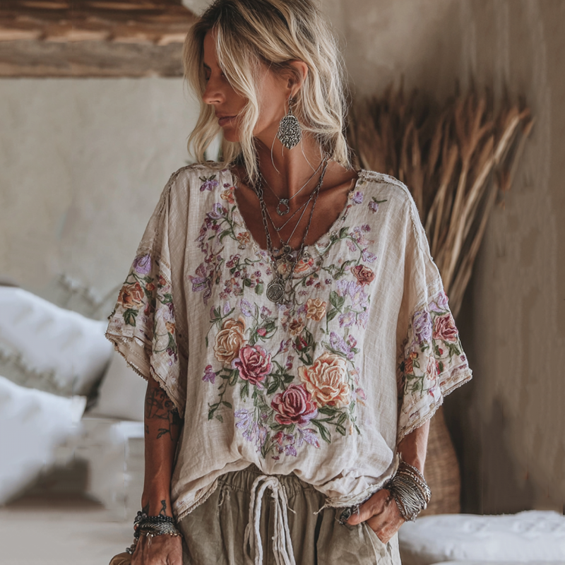 Vintage Floral Embroidered Linen Short Sleeve Shirt elevenforest
