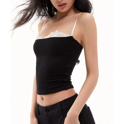 Black Lace Patchwork Sling Tops Elasti Crop Top Summer Backless Sleeveless Tank Top Y2k Clothes Camisole Vest