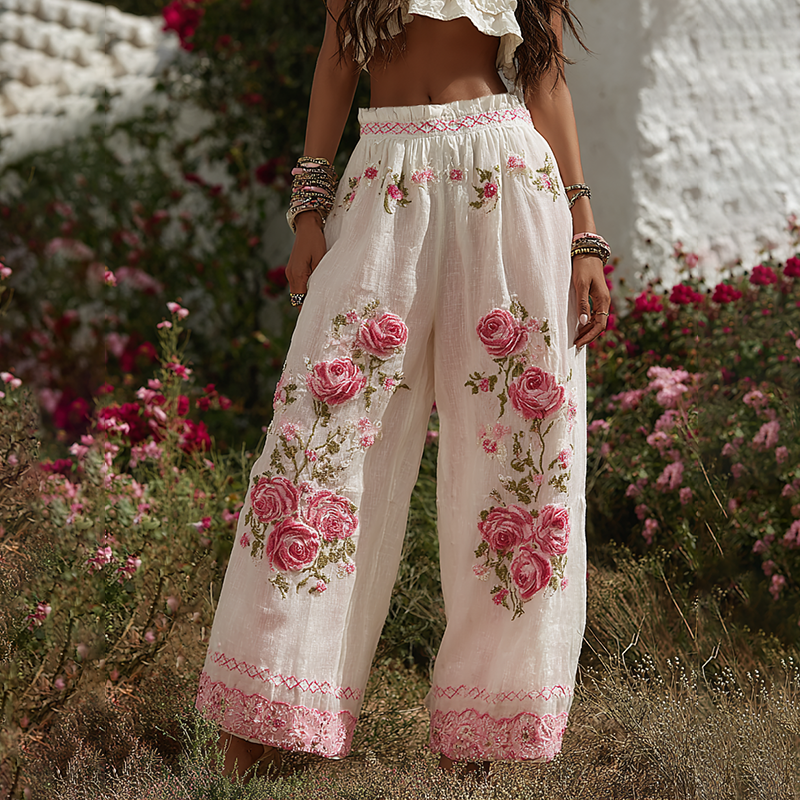 Women's Patchwork Rose Floral Contrast Waist Elastic Pocket Pants elevenforest