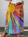 Women's Retro Sunshine Print Linen Pocket Skirt