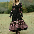 Women's Retro Polka Dot And Rose Floral Pattern Casual Linen V-neck Dress elevenforest