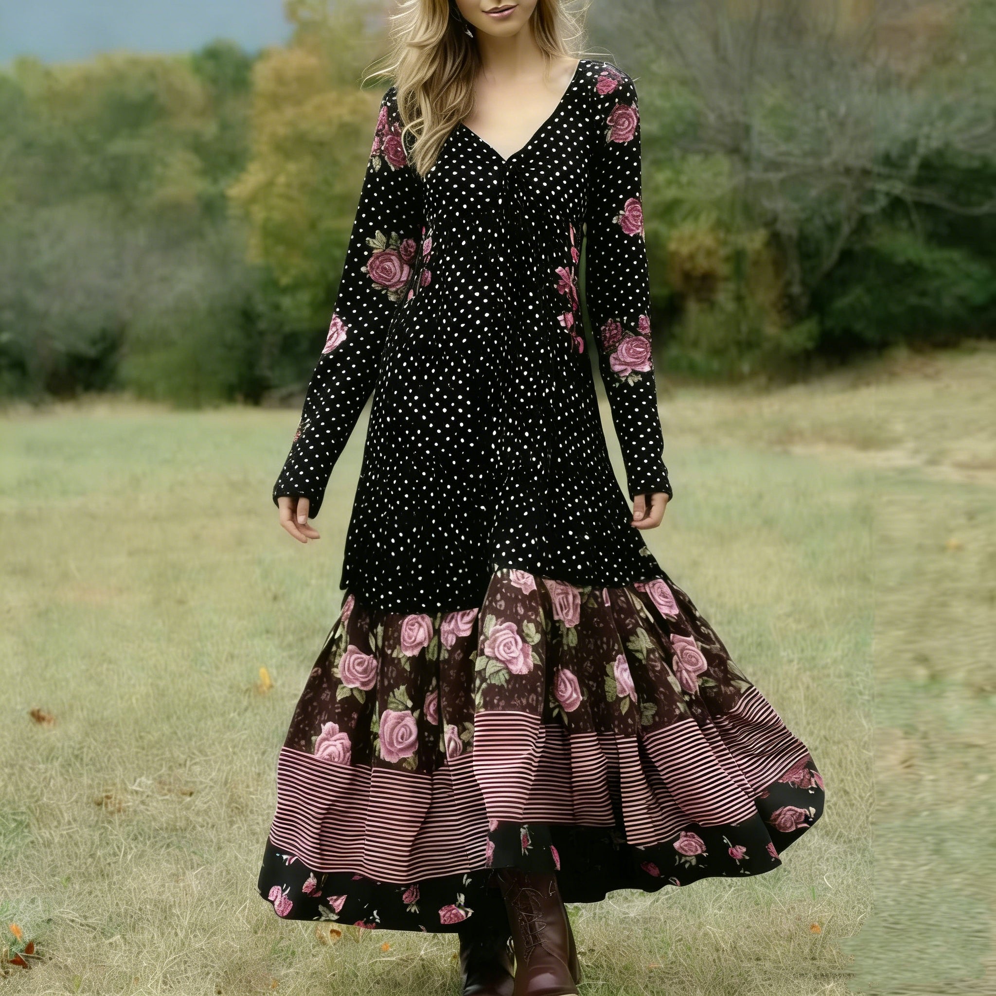 Women's Retro Polka Dot And Rose Floral Pattern Casual Linen V-neck Dress elevenforest