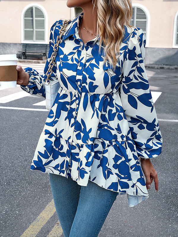 High-low Loose Contrast Color Leaves Print Lapel Blouses&shirts Tops