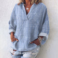 Women's Striped Casual Pocket V-Neck  Linen Blend Tunic elevenforest