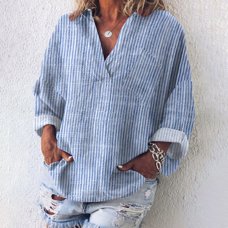 Women's Striped Casual Pocket V-Neck  Linen Blend Tunic elevenforest