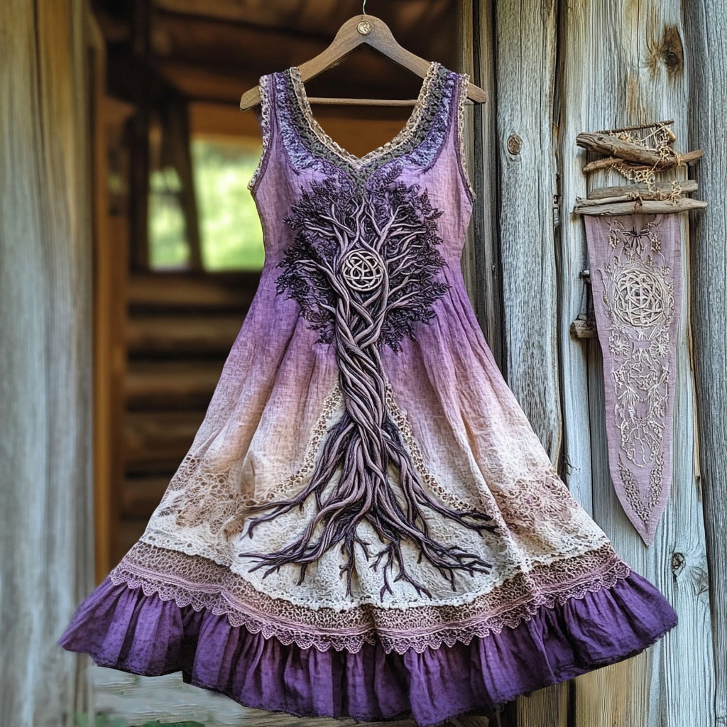 Vintage Life Of Tree Tribal Lace Patchwork Art Comfy Tank Dress elevenforest