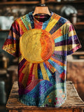 Retro Sun Patchwork Abstract Vintage Art Print Casual T-shirt For Men
