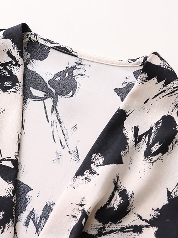 Loose Puff Sleeves Printed V-neck Blouses&shirts Tops