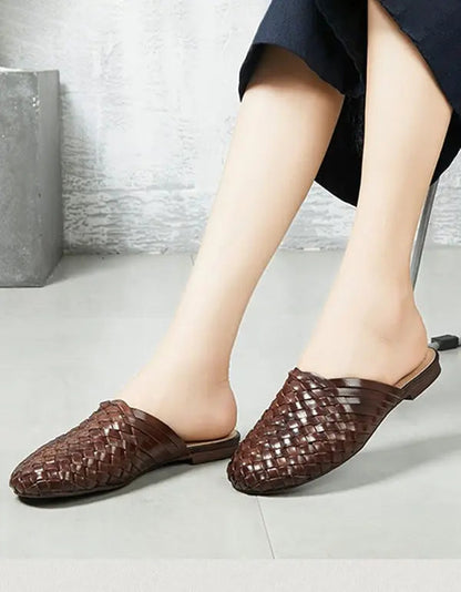 Woven Leather Round Head Slippers