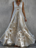 Vintage White Daisies Beaded Wide Skirted Linen Dress elevenforest
