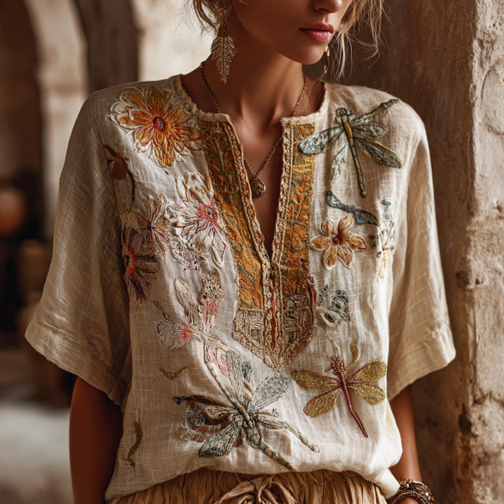 Bohemian Style Knitted Dragonfly Loose Short-sleeved V-neck Top
