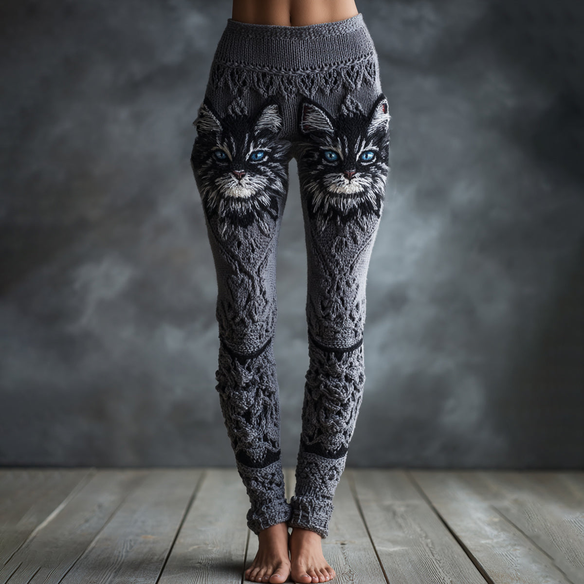 Women's Cute Cat Face Embroidered Art Cozy Knit Leggings