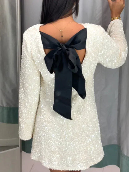 Tossy Tee Bow Backless Sequin Mini Dress Female Glitter Long Sleeve High Street Party Looks Dress Short Dress