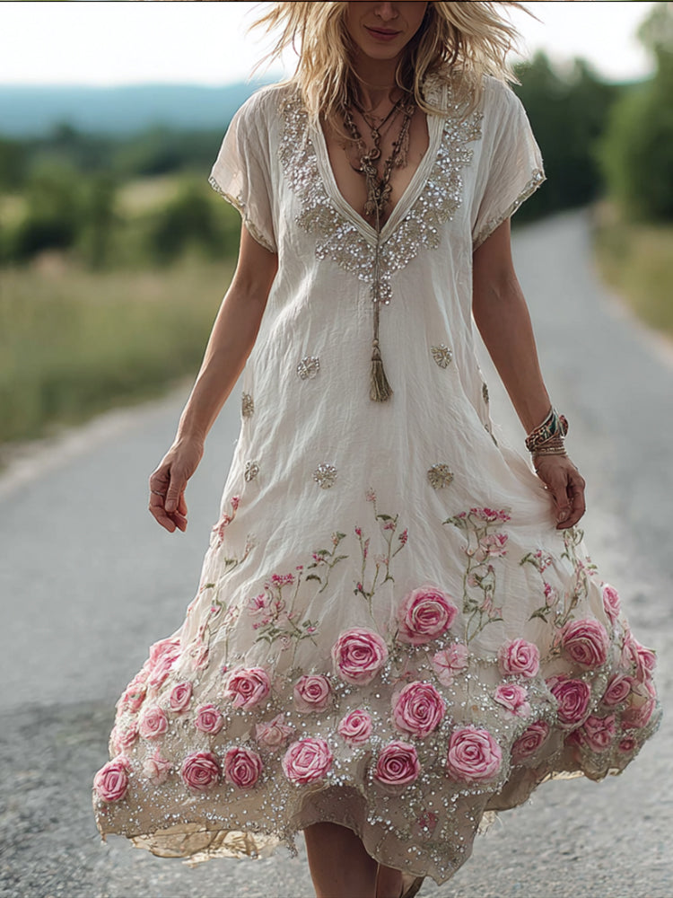 Ladies' Short-sleeved V-neck Vintage Dress With Sequin Embroidery Flowers elevenforest