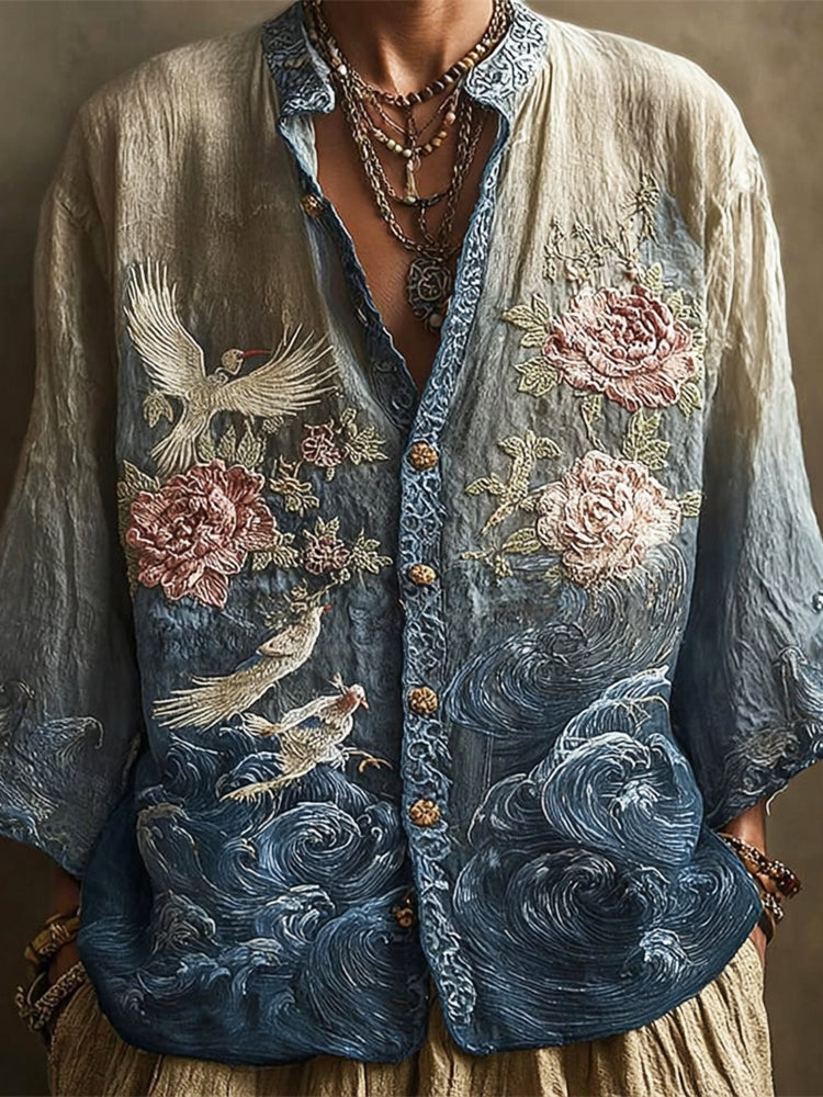 Vintage Boho Flower & Bird Men's Linen Long Sleeve Shirt elevenforest