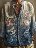 Vintage Boho Flower & Bird Men's Linen Long Sleeve Shirt elevenforest
