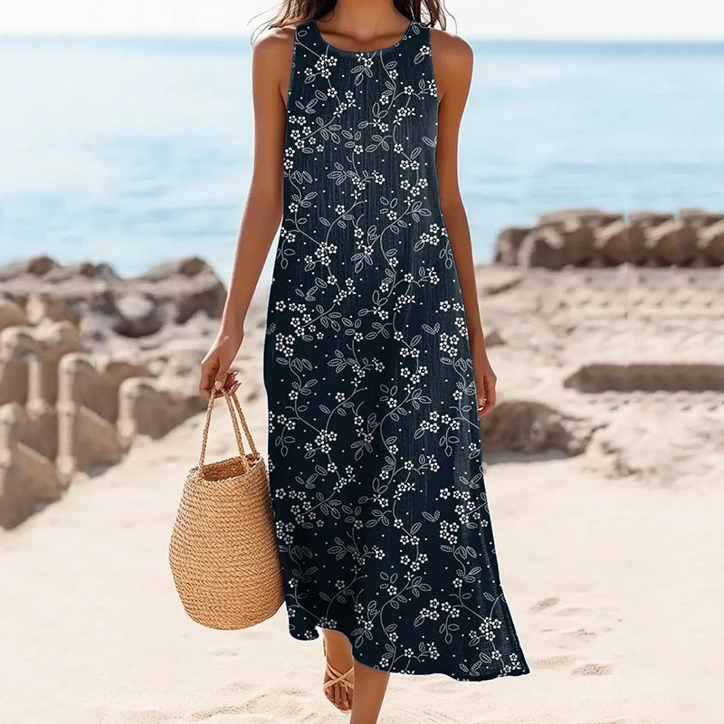 Women's Vintage Floral Print Linen Blend Loose Tank Midi Dress elevenforest