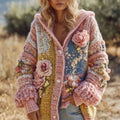 Women's Vintage Floral Chunky Knit Warm Hooded Cardigan Sweater elevenforest