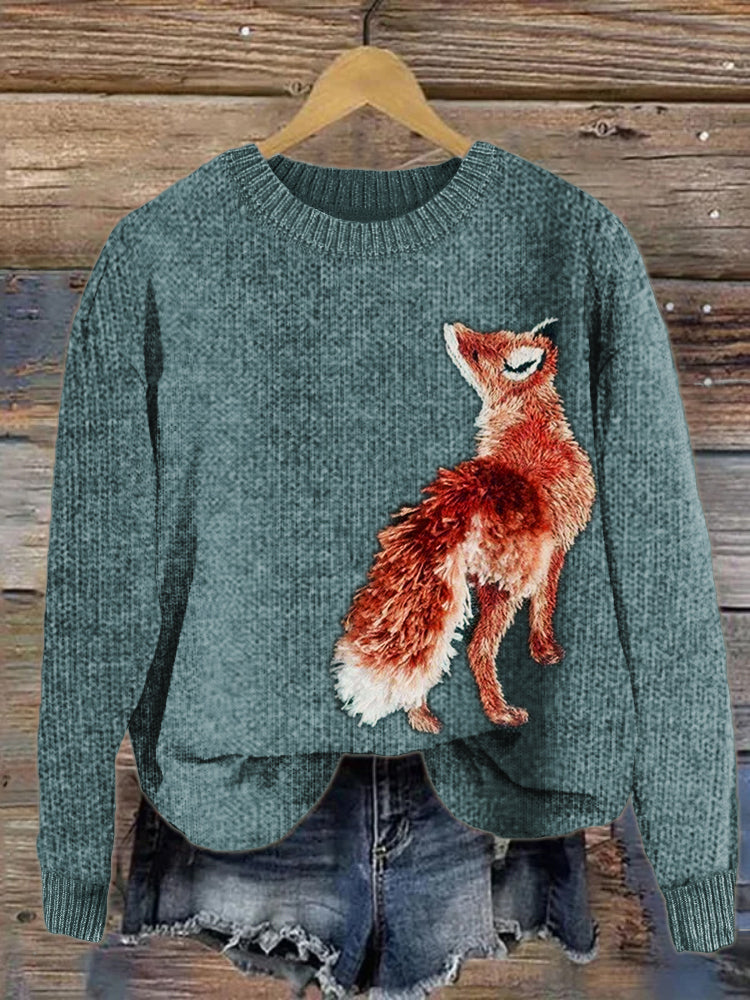 Fuzzy Fox Embroidery Art Cozy Knit Sweater artswardrobe
