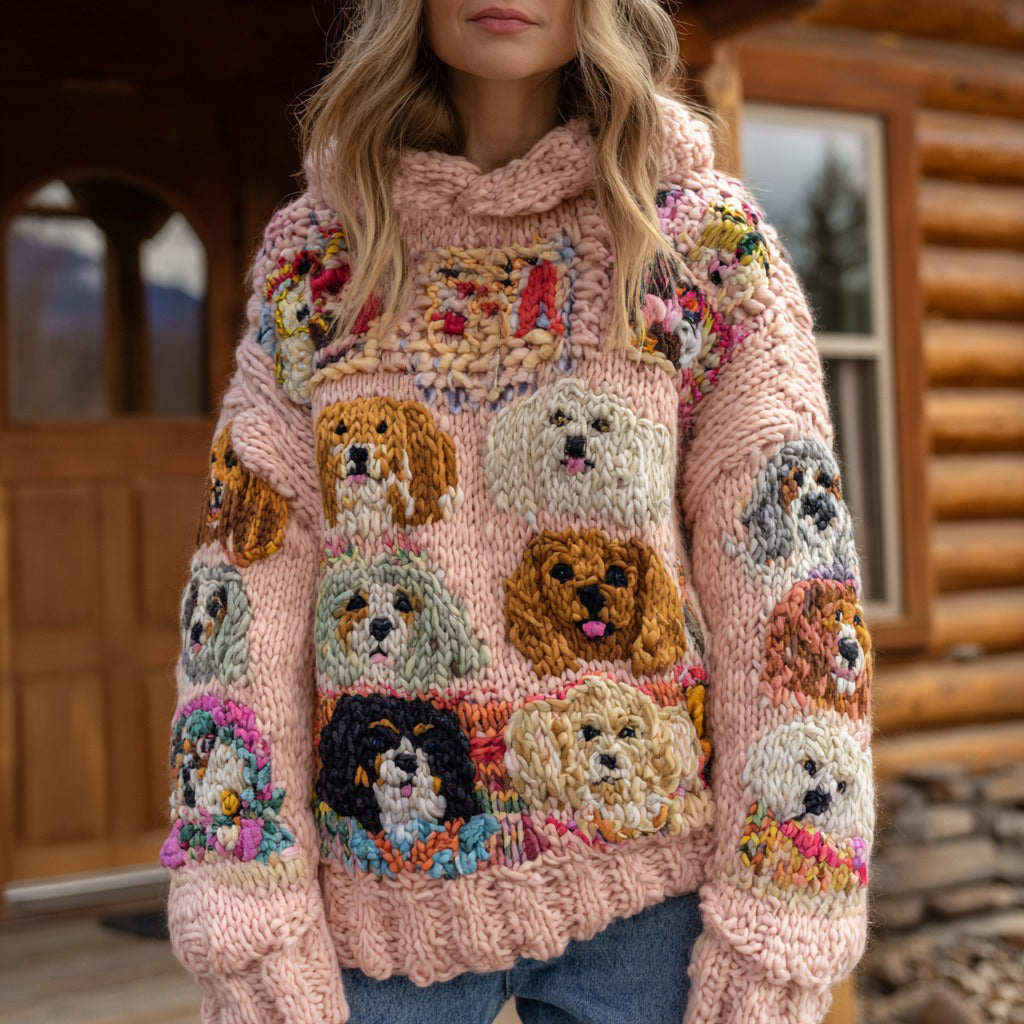 Women's Colorful Puppy Pattern Cozy Chunky Knit Hooded Sweater elevenforest