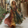 The Sunset Collection Vintage Rose And Floral Gradient Art Linen V Neck Maxi Dress elevenforest