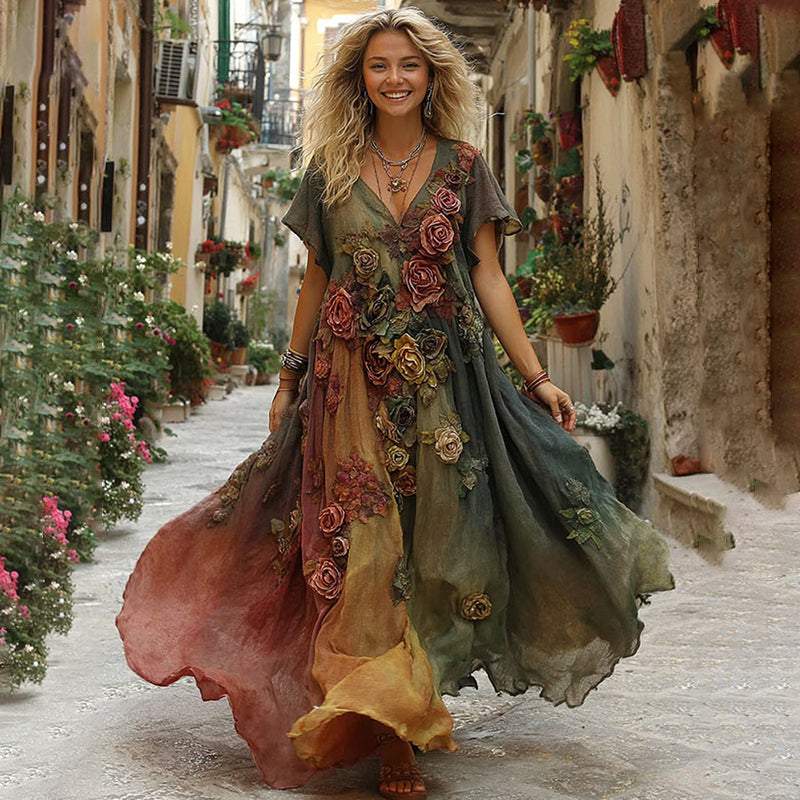 The Sunset Collection Vintage Rose And Floral Gradient Art Linen V Neck Maxi Dress elevenforest