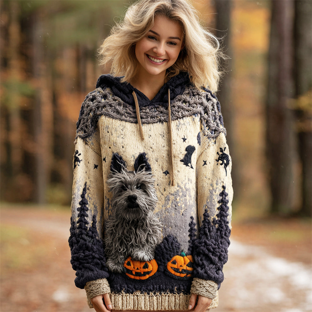 Comstylish Halloween Plush Pet Dog Knit Art Women's Hooded Sweater
