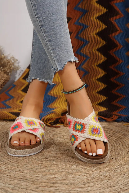 Delicate White Geometric Woven Platform Slippers
