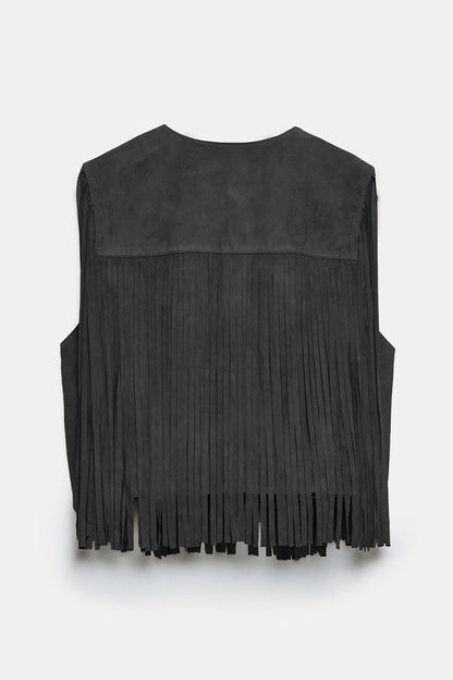 Street Color Fringed Trim O Neck Waistcoats