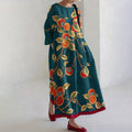 Comstylish Women's Japanese Floral Print Round Neck Linen Blend Midi Dress