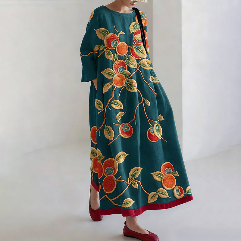 Comstylish Women's Japanese Floral Print Round Neck Linen Blend Midi Dress