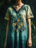 Bee & Flower Embroidery Blue & Green Gradient Lace Vintage Women's Linen Dress elevenforest