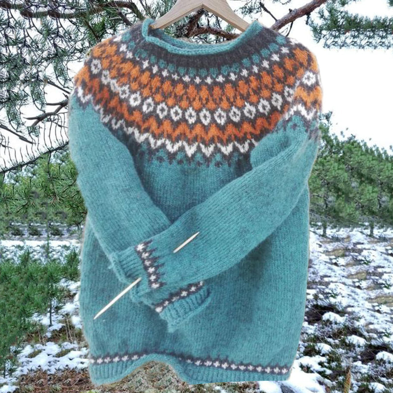 Unisex Vintage Icelandic Light Blue Knit Jacquard Warmth Crew Neck Sweater elevenforest