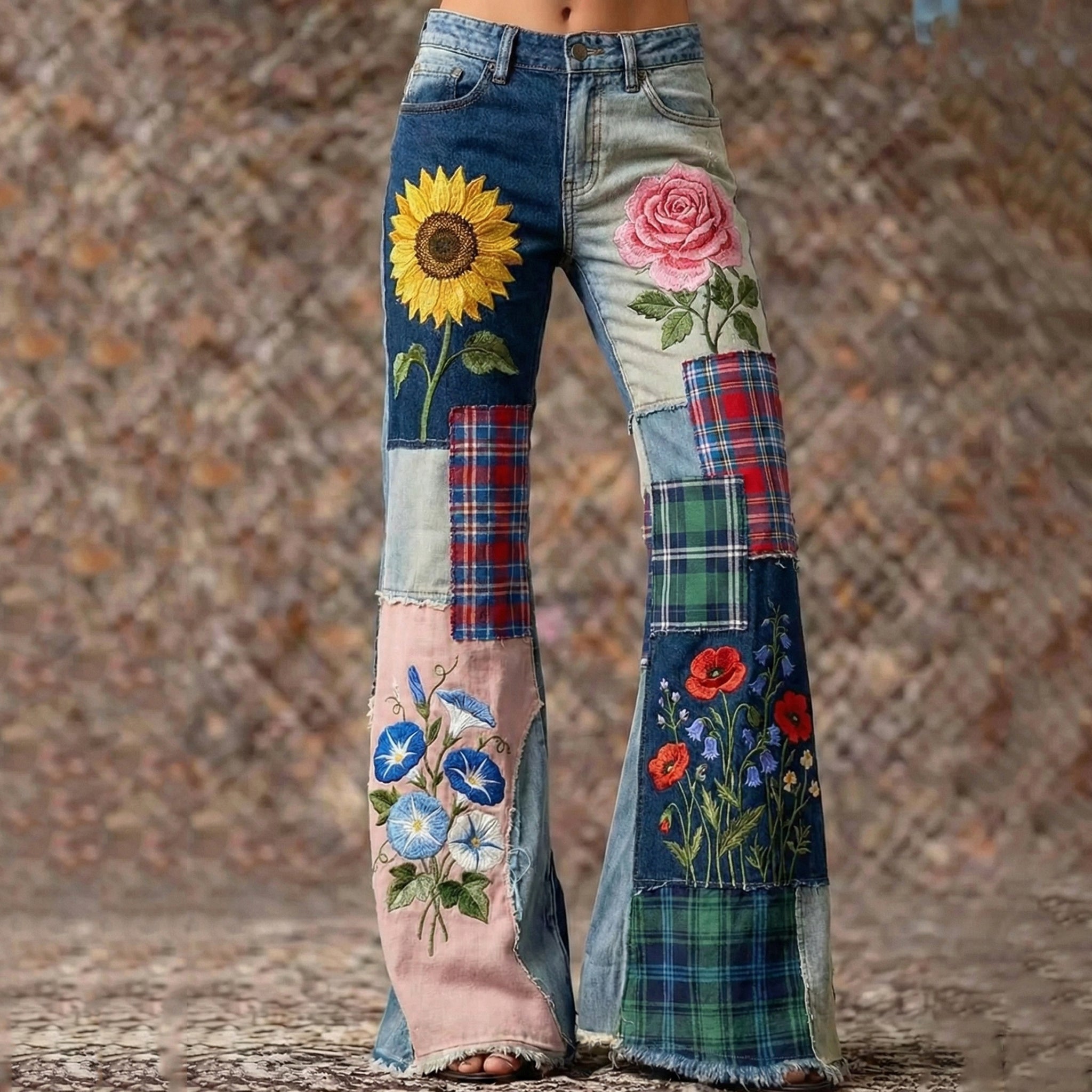 Women's Bohemian Style Floral Sunflower Patchwork Art Jeans elevenforest