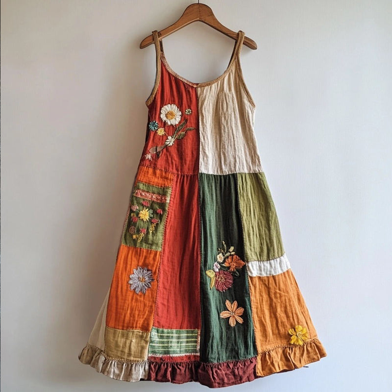 Boho Floral Embroidered Patchwork Linen Blend Dress elevenforest
