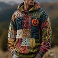 Halloween Pumpkin Face Geometric Patchwork Men's Chunky Knit Hooded Sweater artswardrobe