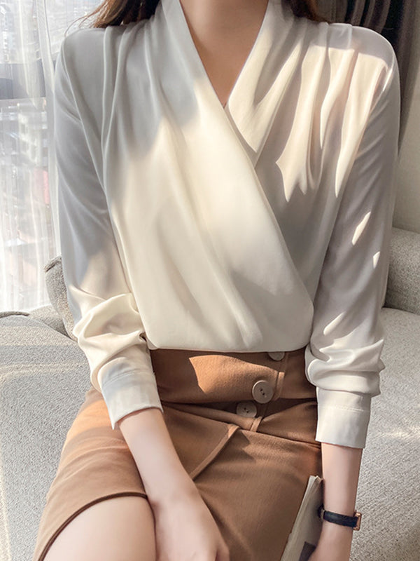 Long Sleeves Loose Buttoned Color V-neck Blouses&shirts Tops
