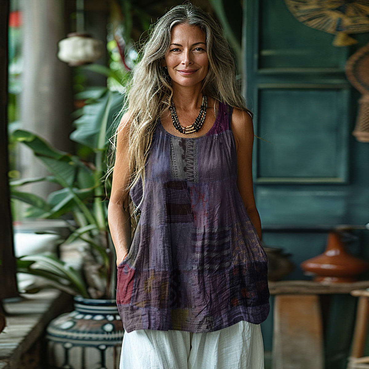Women's Loose Patchwork Linen Sleeveless Tank Top elevenforest