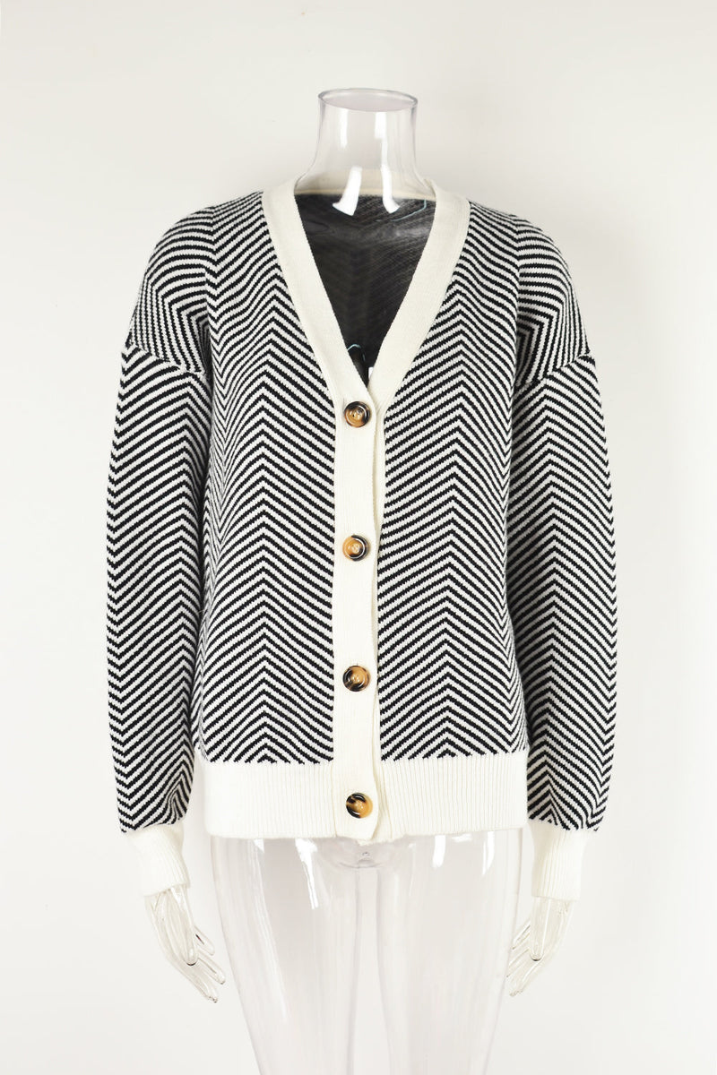 Autumn Winter Cardigan Sweater Color Matching Button Sweater Top V Neck Coat